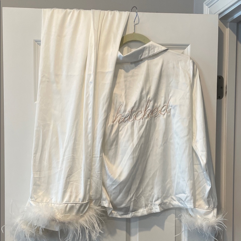 Hitched-White Feather Trimmed Satin PJ Set